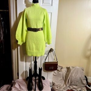 Bardot Wms Neon Green Hour Glass Mock Neck Furry Knit Boho Sweater Dress M
